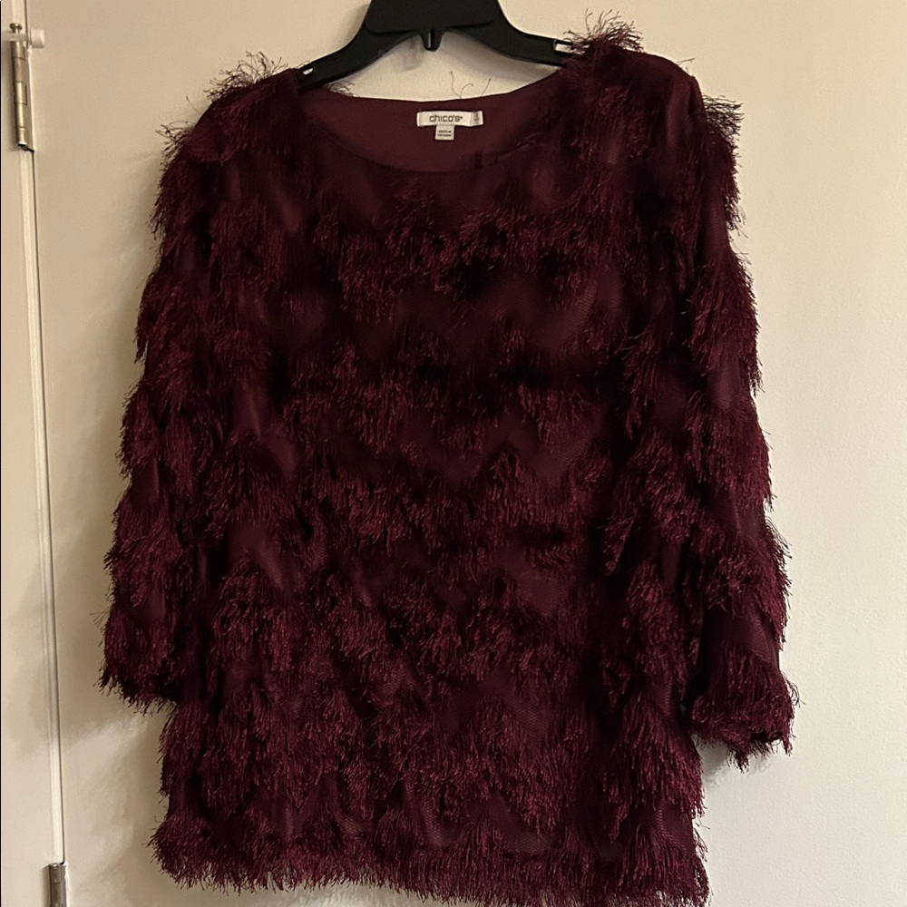 Chico's Feather-Trim Long Sleeve Top in Deep Burgundy